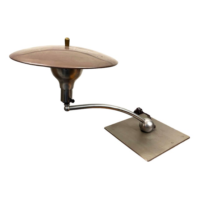 1950s Mid-Century Modern m.g. Wheeler "Sight Light" Brushed Steel Table Lamp W/ Enamel Shade For Sale