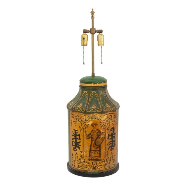 Victorian Chinoiserie Green Painted Toleware Lamp For Sale