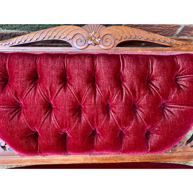 Vintage Victorian-Style Wine Red Velvet Loveseat For Sale - Image 10 of 17