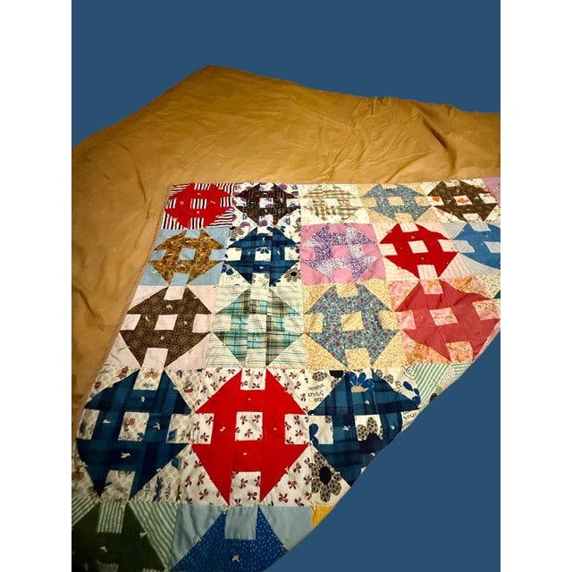 Antique Handmade Patchwork Quilt-King Size-Vintage Americana-Farmhouse-Bedspread For Sale - Image 4 of 10