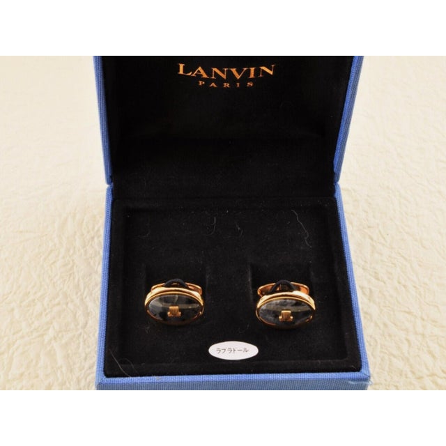 Lanvin "LANVIN" Vintage Cufflinks Labradorite Stone Gold Plate, Original Case, Circa 80 For Sale - Image 4 of 18