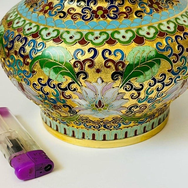 Metal Vintage Cloisonné Enamel Lidded Jar – Gilt Ground With Lion Finial, Floral Motif For Sale - Image 7 of 9