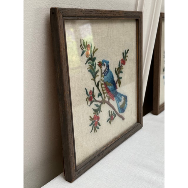 Vintage Traditional "Birds" Textile Art, a Pair in Ruby Red, Sky Blue, Forest Green For Sale - Image 10 of 11