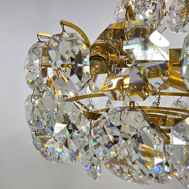 Gold Small Mid-Century Brutalist Chandelier with Crystal Pieces from Palwa, 1970s For Sale - Image 8 of 9