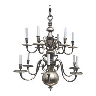 Large Vintage 1940s Traditional 12 Arm Light Silver Plated Chandelier For Sale