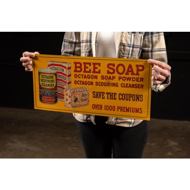 American Antique N O S Tin Litho Bee/Octagon Soap Advertising Sign For Sale - Image 3 of 5