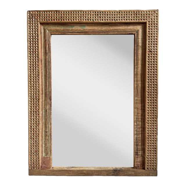 Vintage Original Indian Carved Wood Full Length Mirror For Sale