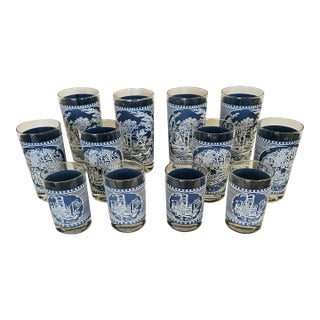 1950s Mid Century Modern Royal China “Currier & Ives” Blue & White Tumbler Set - 12 Pieces For Sale