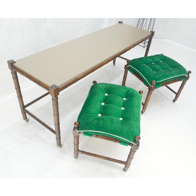 Mid Century c1970s Faux Bamboo Console Sofa Table & Pair Nesting Benches on Wheels MINT! Benches are: 23x18x18"H