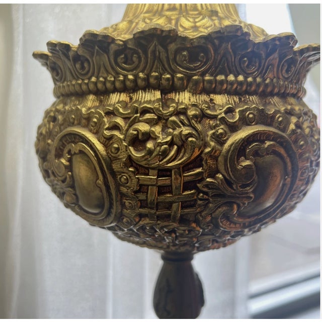 Vintage Mid Century Brass Floor Lamp Floral Hand Painted Shade For Sale In Lexington, KY - Image 6 of 11