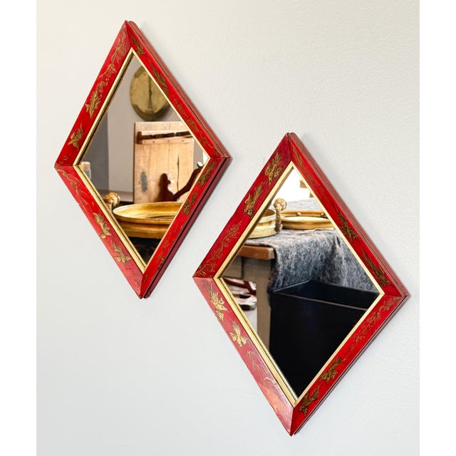 Late 19th Century English Diamond Shaped Mirror With Red Lacquer Chinoiserie Frame (Two Available) For Sale - Image 5 of 9