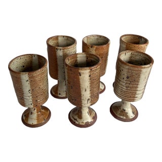 Vintage Handmade Studio Pottery Wine/Water Goblets- Set of 6 For Sale