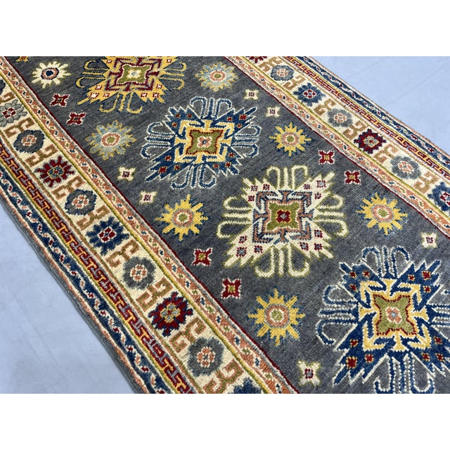 Cream Charcoal Gray and Cream Kazak Wool Runner Rug With Tribal Motifs, 2'9" X 9'8" For Sale - Image 8 of 13