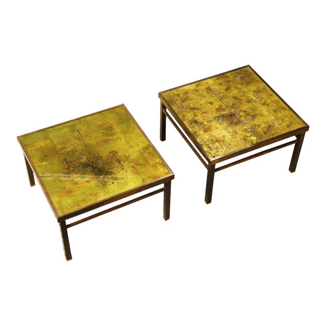 Decorated Gold Leaf, Brass and Glass Coffee, Side or End Tables, c 1960s - A Pair For Sale