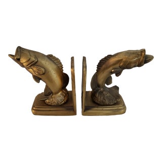 Vintage Mid-Century Brass Bass Fishing Bookends - a Pair For Sale