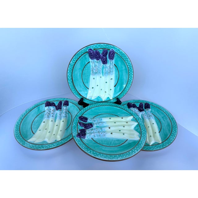 Rustic European Set of 4 Vintage Majolica Asparagus Plates For Sale - Image 3 of 6