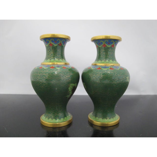 Miniature Chinese Green Flower Gilt Cloisonne Vase Pair For Sale - Image 4 of 10