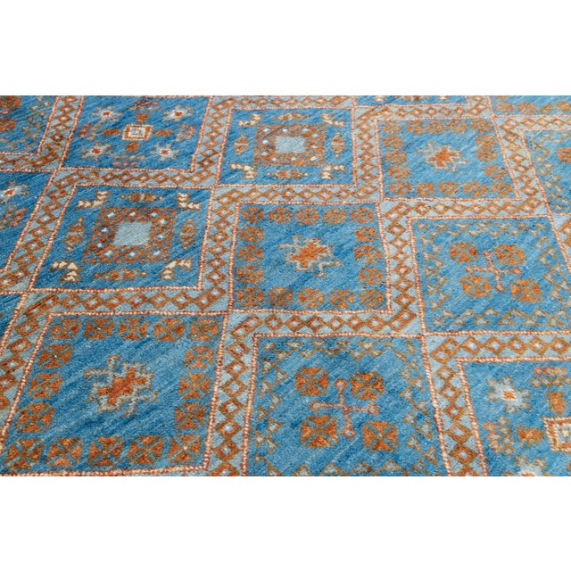 Sky Blue Modern Moroccan Style Hand-Knotted Wool Area Rug in Sky Blue and Terracotta For Sale - Image 8 of 12