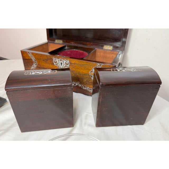 Antique 1800's English Inlaid Mother of Pearl Rosewood Wood Dual Tea Caddy Box For Sale - Image 17 of 18