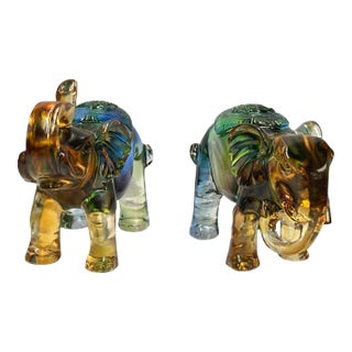 Pair Mixed Color Crystal Glass Fengshui Fortune Trunk Up Elephant Statues For Sale