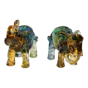 Pair Mixed Color Crystal Glass Fengshui Fortune Trunk Up Elephant Statues