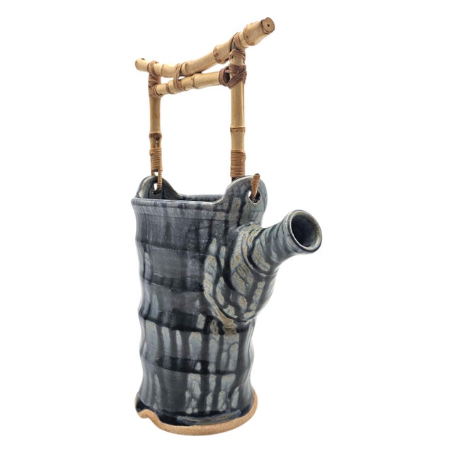 John Kinder Bend Oregon Studio Pottery Teapot Planter Bamboo Handle 12.5" For Sale - Image 9 of 13
