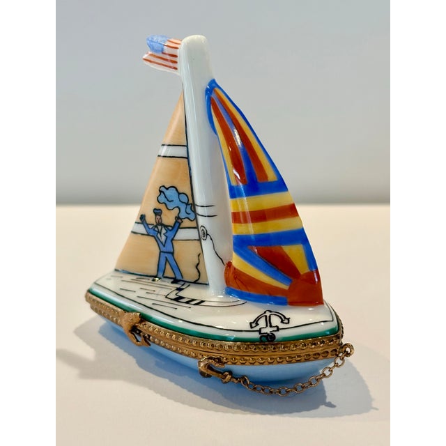 Blue Mid 18th Century Limoges Sailboat Trinket Box Hand Painted in Limoges, France For Sale - Image 8 of 12