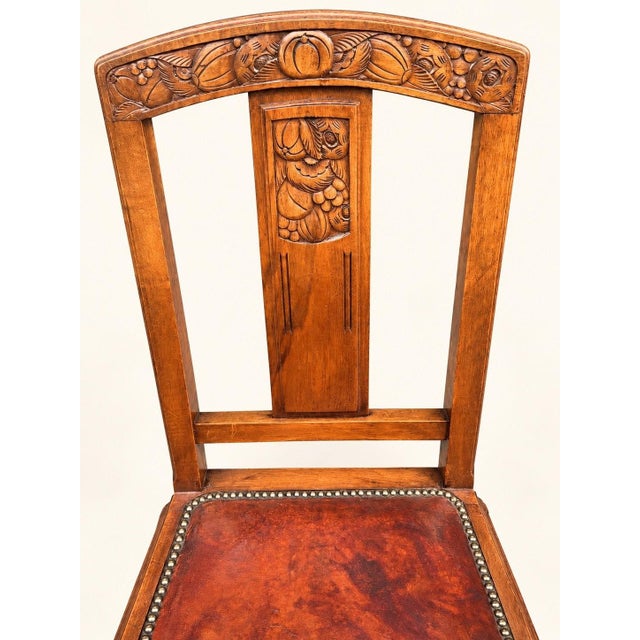 Brown Art Deco Chairs in Carved Walnut with Studded Leather Seats, 1920s, Set of 5 For Sale - Image 8 of 11