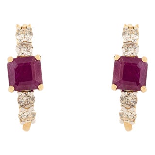 Pinkish Red 1.99Ct Square Cut Ruby & Diamond Hoop Earrings in 14k Yellow Gold- A Pair For Sale