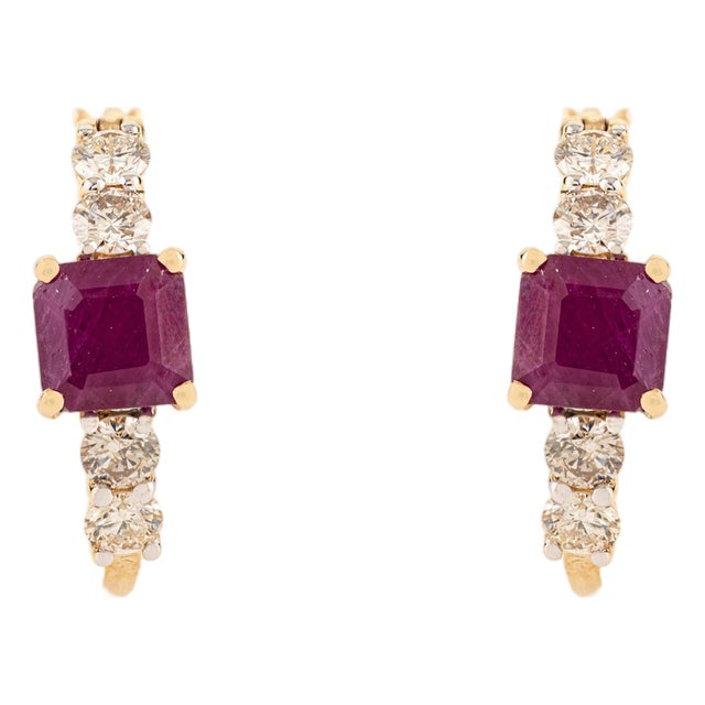 Pinkish Red 1.99Ct Square Cut Ruby & Diamond Hoop Earrings in 14k Yellow Gold- A Pair For Sale