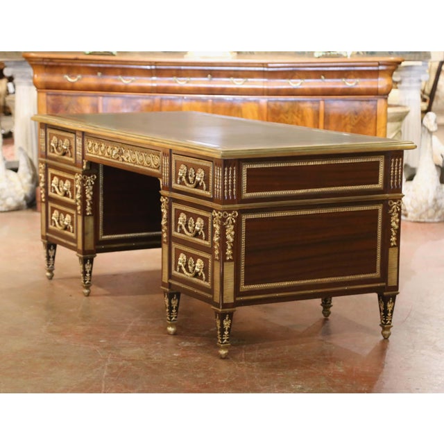 19th Century French Louis XVI Mahogany, Bronze & Leather-Top Partner Desk For Sale - Image 11 of 15