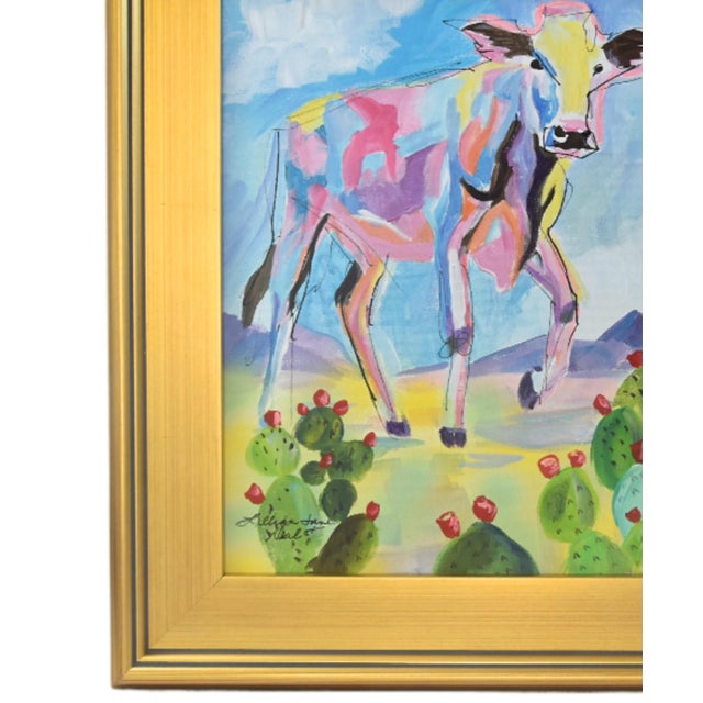 Abstract Impressionist Abstract Landscape W/Cow Painting Including the Antiqued Gold Wood Frame For Sale - Image 3 of 5