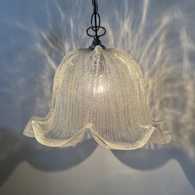 Silver Mid-Century Bell-Shaped Ice Glass and Chrome Pendant Light, 1970s For Sale - Image 8 of 18