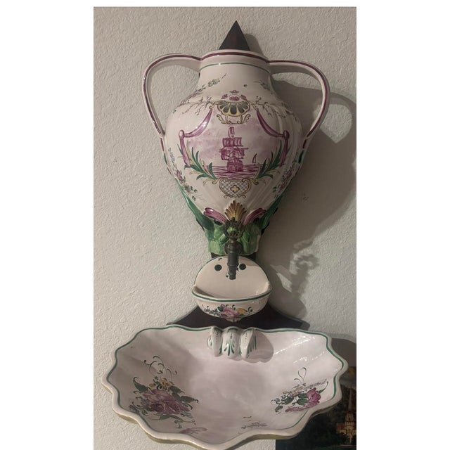 Lavabo Faience Mid 20th Century French Wall Fountain Nautical Style For Sale - Image 4 of 4