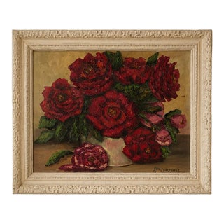 Vintage Signed Ann Campbell Floral Still Life Oil Painting Red Roses in Ornate Frame For Sale