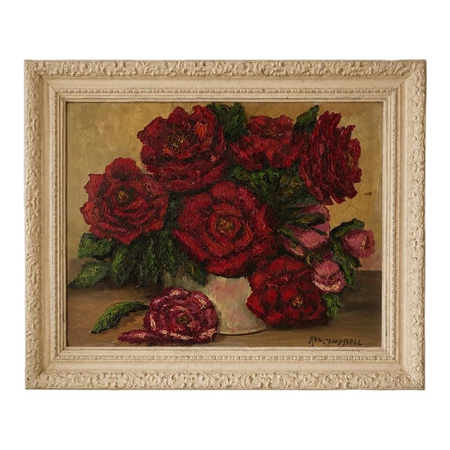 Vintage Signed Ann Campbell Floral Still Life Oil Painting Red Roses in Ornate Frame For Sale