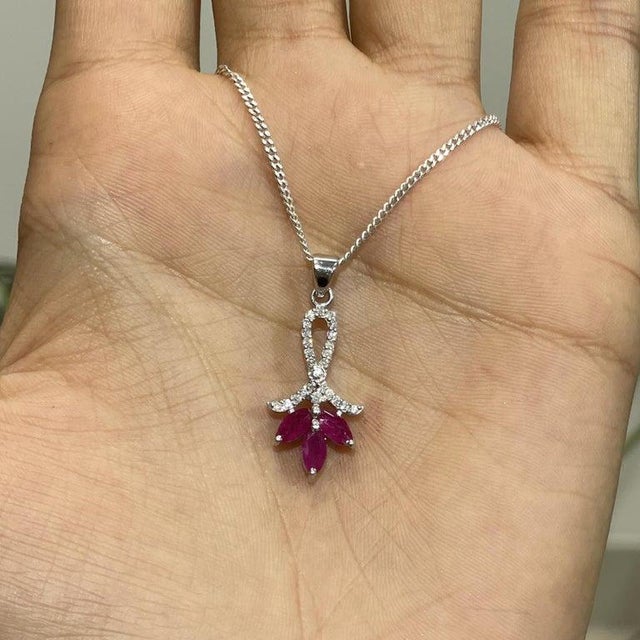 Three Stone Marquise Ruby & Diamond Pave Bail Pendant in Sterling Silver - Carat and her For Sale - Image 4 of 15