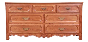 Baker Furniture French Provincial Carved Oak and Burl Wood Dresser, Newly Refinished