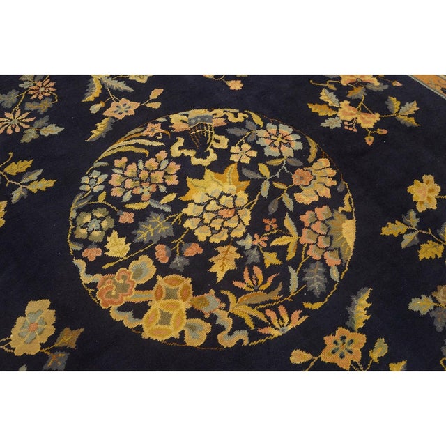 1920s Navy Floral Deco Antique Chinese Peking Handknotted Wool Rug 9' 7" X 13' For Sale In New York - Image 6 of 8