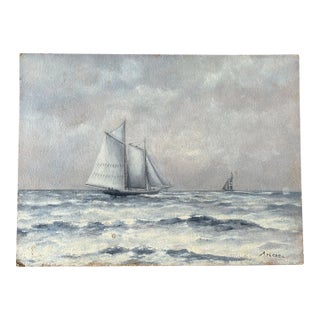 Vintage Steely Seascape Painting on Board, Signed by the Artist, Circa Mid-20th Century For Sale