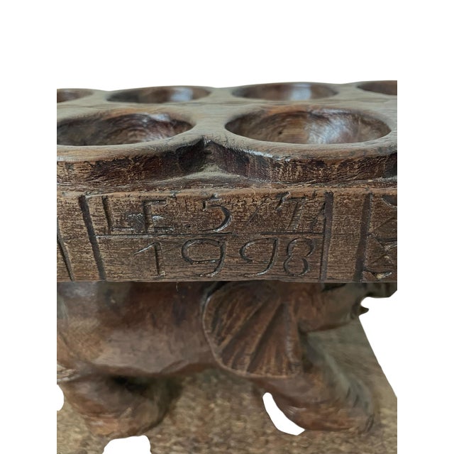 1990s VTG African Hand Carved Elephant Mancala Wooden Game Board Folk Art Signed For Sale - Image 5 of 9