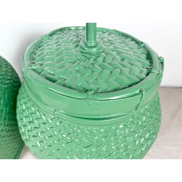 Vintage Newly Lacquered Green Woven Basket Weave Style Lamps- A Pair For Sale In Tampa - Image 6 of 7