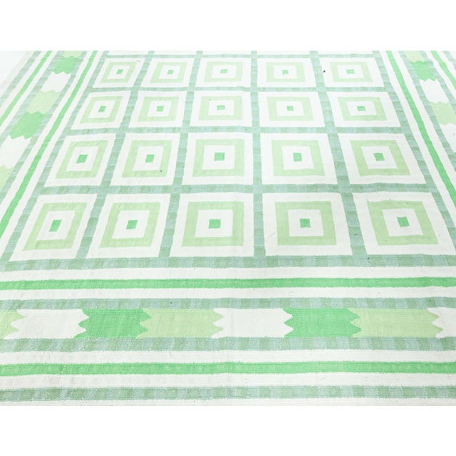 Mid 20th Century Doris Leslie Blau Vintage Indian Dhurrie Green Beige Rug For Sale - Image 5 of 9