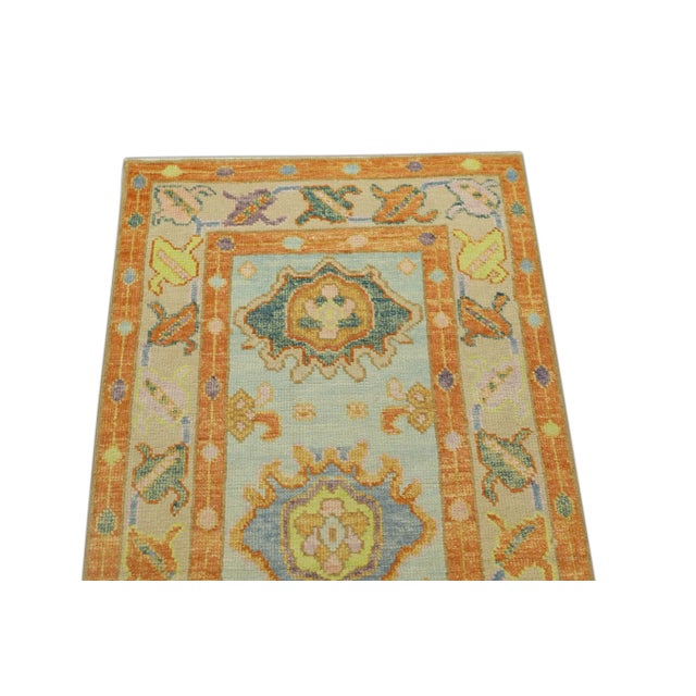 Contemporary Early 21st Century Turkish Blue & Orange Handwoven Oushak Runner Rug For Sale - Image 3 of 6