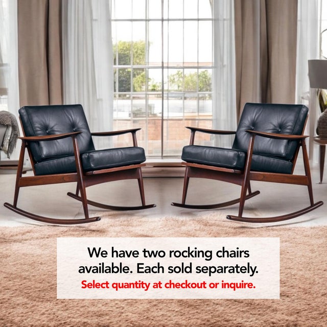 1950s Pair of Restored Moreddi 1950's Danish Teak Rocking Chairs in Black Leather For Sale - Image 5 of 11