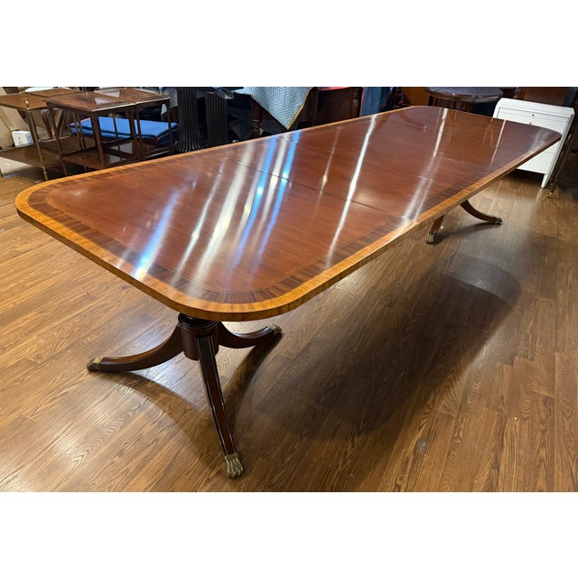 Traditional Multi-Banded Mahogany Dining Table by Leighton Hall - Showroom Sample For Sale - Image 16 of 18