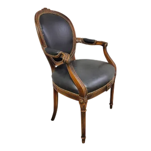 Whittemore Sherrill Mahogany Louis XV Style Black Leather Fauteuil Chair