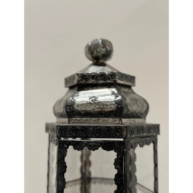 Striking hand-crafted silvered metal and glass display vitrine, likely made in India circa 1950–1970. The hexagonal form...