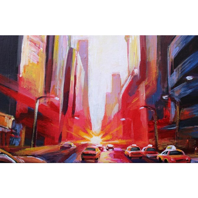 Semi-abstract vertical painting of sunset colors over NYC street with Empire State on the background. Smooth texture. Size...