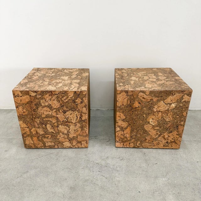 1970s Pair of Vintage 1970s Cork Cube End Tables Minimalist Square Side Tables – Postmodern Style For Sale - Image 5 of 11